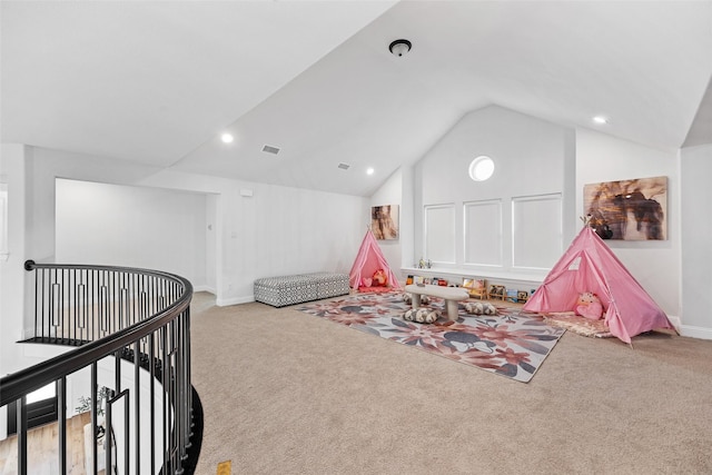 game room with visible vents, carpet flooring, recessed lighting, and lofted ceiling