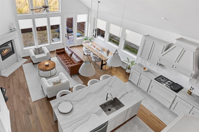 living room featuring a ceiling fan and light wood finished floors