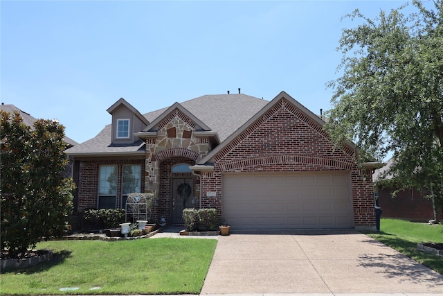 view of front of house featuring a front yard, brick siding, concrete driveway, an attached garage, and a shingled roof