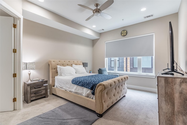 carpeted bedroom with baseboards, ceiling fan, recessed lighting, and visible vents
