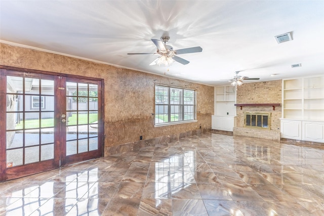 2418 Ingleside Dr, Grand Prairie, TX 75050 - unfurnished living room with marble tiled flooring, french doors, built in shelves, ceiling fan, and crown molding