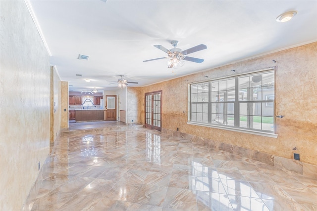 2418 Ingleside Dr, Grand Prairie, TX 75050 - unfurnished living room with a ceiling fan, marble tiled floors, and crown molding