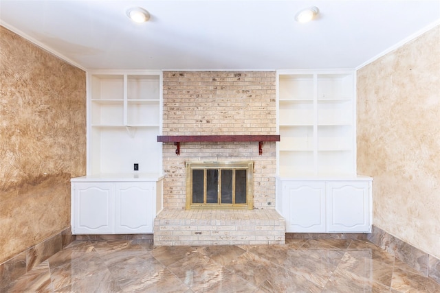 2418 Ingleside Dr, Grand Prairie, TX 75050 - unfurnished living room featuring marble tiled flooring, built in features, and a fireplace