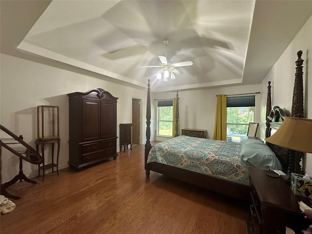 824 Imogene Ct, Azle, TX 76020 - bedroom with a tray ceiling, ceiling fan, multiple windows, and wood finished floors