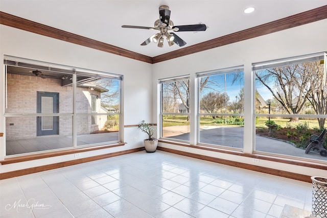 unfurnished room featuring crown molding, recessed lighting, baseboards, and ceiling fan