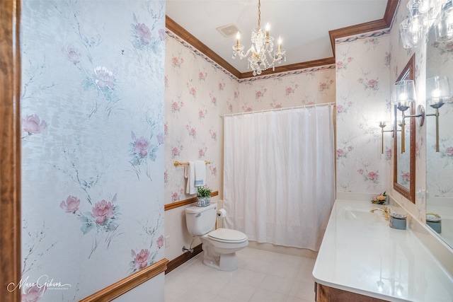 bathroom featuring crown molding, vanity, toilet, a notable chandelier, and wallpapered walls