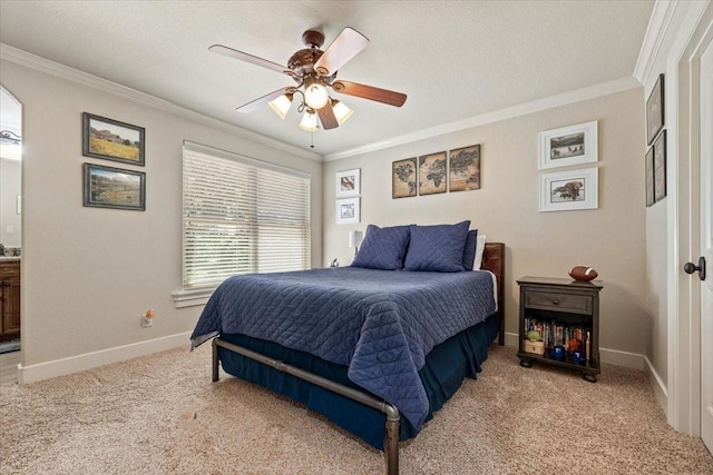 bedroom featuring ceiling fan, light colored carpet, a textured ceiling, baseboards, and ornamental molding
