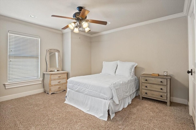 bedroom with crown molding, baseboards, light carpet, and ceiling fan