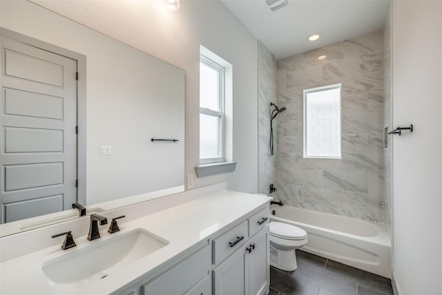 full bath with vanity, tile patterned flooring, tub / shower combination, toilet, and recessed lighting