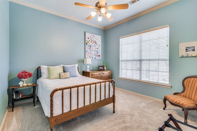 107 Harvest Ridge Cv, Mclendon Chisholm, TX 75032 - carpeted bedroom with crown molding, baseboards, and ceiling fan