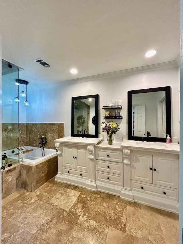 7449 Tophill Ln, Dallas, TX 75248 - full bathroom with vanity, ornamental molding, a bath, a shower, and stone finish floors