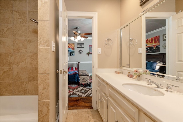7449 Tophill Ln, Dallas, TX 75248 - ensuite bathroom with vanity, ceiling fan, tile patterned floors, and shower / bath combination