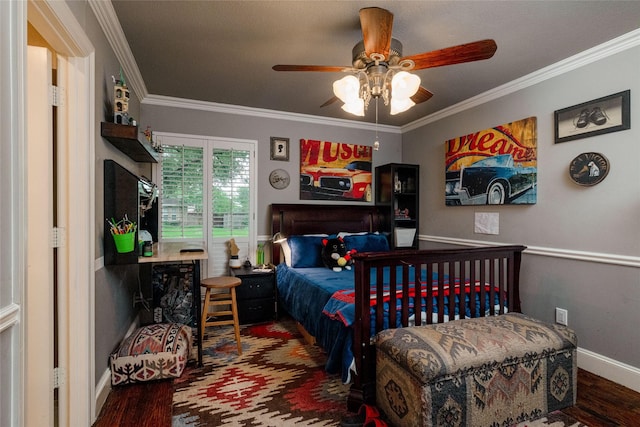 7449 Tophill Ln, Dallas, TX 75248 - bedroom featuring wood finished floors, ornamental molding, baseboards, and a ceiling fan
