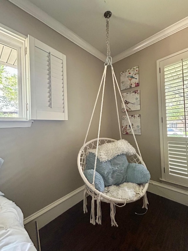 7449 Tophill Ln, Dallas, TX 75248 - bedroom with multiple windows, ornamental molding, and dark wood-style floors