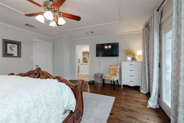 7449 Tophill Ln, Dallas, TX 75248 - bedroom featuring wood finished floors, lofted ceiling, a ceiling fan, ornamental molding, and connected bathroom