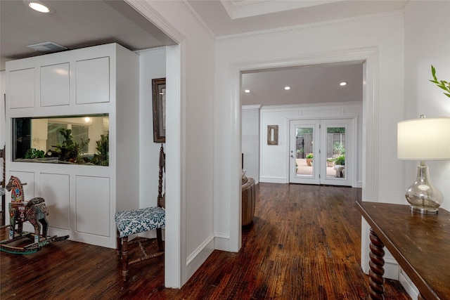 7449 Tophill Ln, Dallas, TX 75248 - corridor featuring dark wood-style flooring, crown molding, and recessed lighting