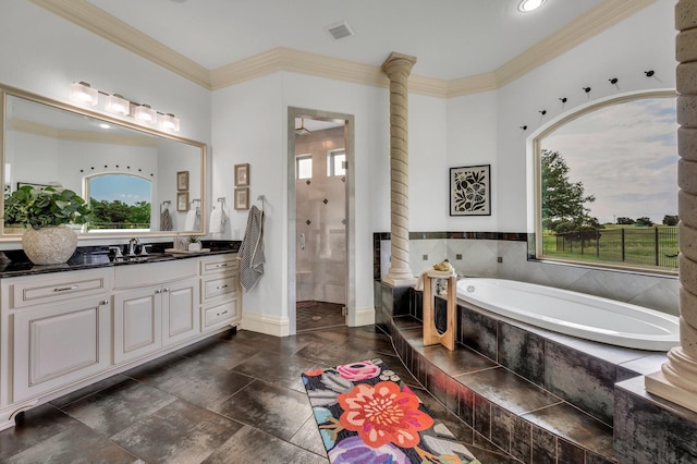 7101 Royal Birkdale Dr, Cleburne, TX 76033 - full bathroom featuring healthy amount of natural light, a bath, ornamental molding, decorative columns, and recessed lighting