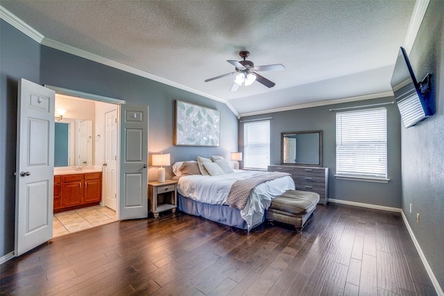 4604 Valleyview Dr, Mansfield, TX 76063 - bedroom featuring ornamental molding, hardwood / wood-style floors, baseboards, a textured ceiling, and ceiling fan