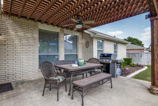 4604 Valleyview Dr, Mansfield, TX 76063 - view of patio featuring area for grilling, a ceiling fan, outdoor dining space, a pergola, and fence
