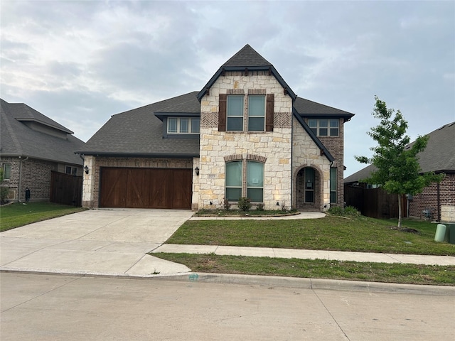 french country home featuring roof with shingles, a front yard, a garage, fence, and stone siding