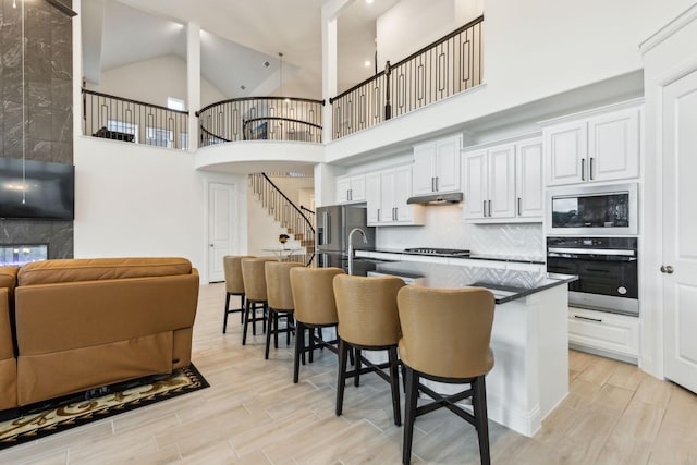 1520 Rough Rider Ct, Celina, TX 75009 - kitchen featuring under cabinet range hood, light wood-style floors, appliances with stainless steel finishes, and a breakfast bar