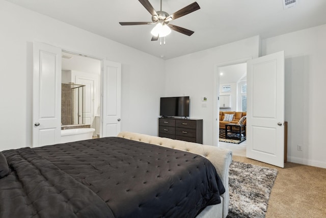 1520 Rough Rider Ct, Celina, TX 75009 - bedroom with ensuite bathroom, baseboards, visible vents, ceiling fan, and light carpet