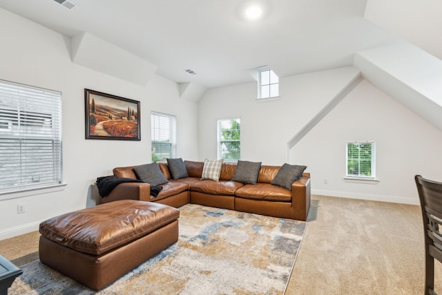 1520 Rough Rider Ct, Celina, TX 75009 - living area with baseboards, carpet flooring, visible vents, and vaulted ceiling