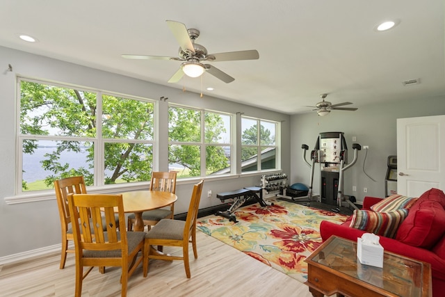 living area featuring ceiling fan, plenty of natural light, and light wood finished floors