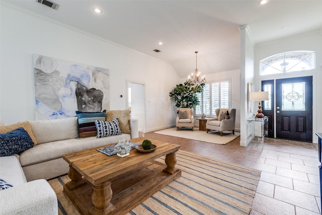 living room with an inviting chandelier, ornamental molding, recessed lighting, and visible vents