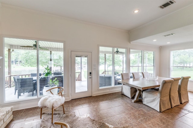 dining space with ornamental molding, recessed lighting, ceiling fan, and visible vents