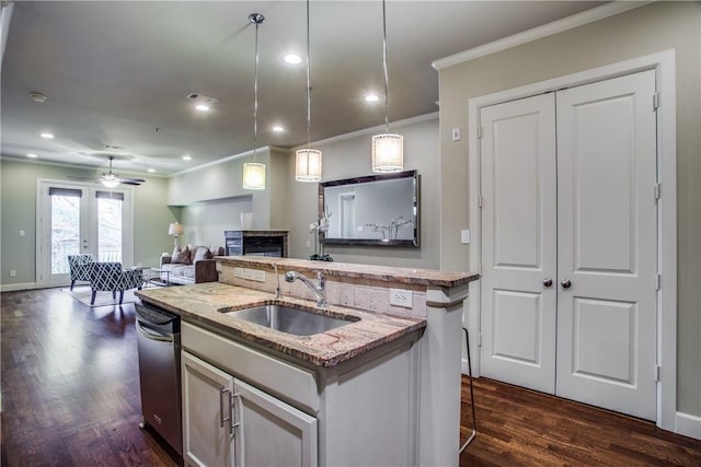 kitchen featuring a sink, ornamental molding, a center island with sink, open floor plan, and dark wood-style floors