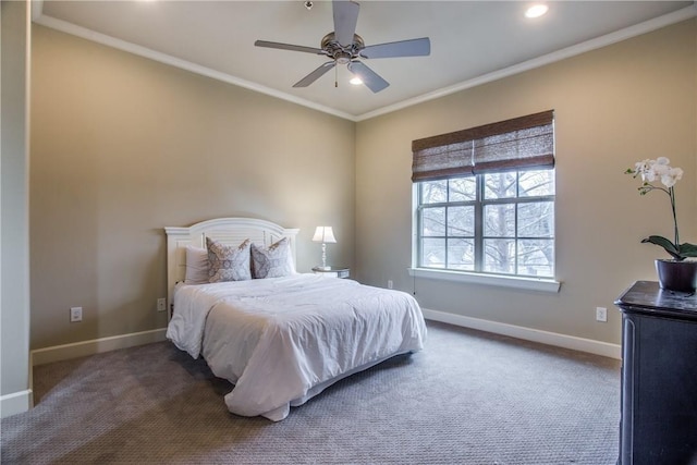 bedroom featuring carpet flooring, recessed lighting, baseboards, and crown molding
