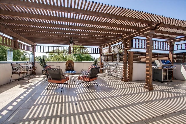 view of patio featuring a ceiling fan, a pergola, and a grill