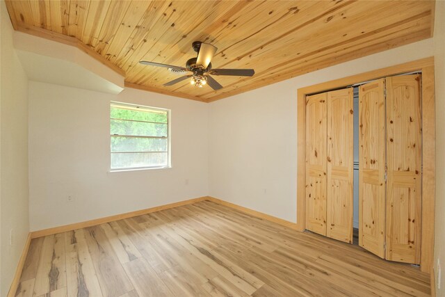 1112 Hillside Dr, Gainesville, TX 76240 - unfurnished room featuring baseboards, ceiling fan, wooden ceiling, and light wood-style flooring