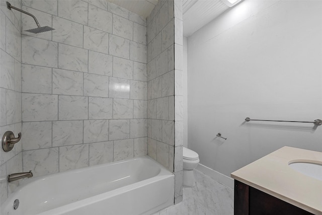 bathroom featuring bathtub / shower combination, vanity, toilet, marble finish floor, and baseboards