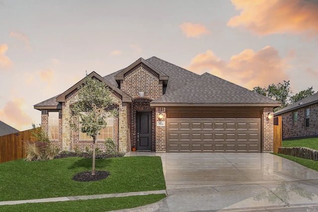 french country style house with brick siding, a shingled roof, an attached garage, and concrete driveway