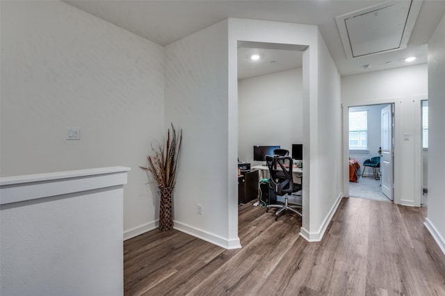 office featuring recessed lighting, baseboards, wood finished floors, and attic access