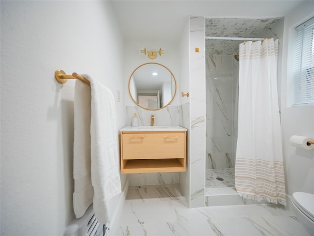 bathroom with toilet, a shower with curtain, marble finish floor, and vanity