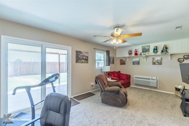5631 Southmoor Dr, Abilene, TX 79606 - interior space with a ceiling fan, baseboards, visible vents, and a wall mounted air conditioner