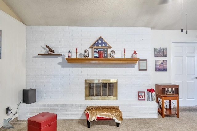 5631 Southmoor Dr, Abilene, TX 79606 - interior details featuring carpet floors, a textured ceiling, and a brick fireplace