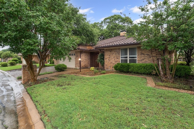 832 Havenwood Ln S, Fort Worth, TX 76112 - ranch-style home with an attached garage, a front lawn, a tile roof, brick siding, and a chimney