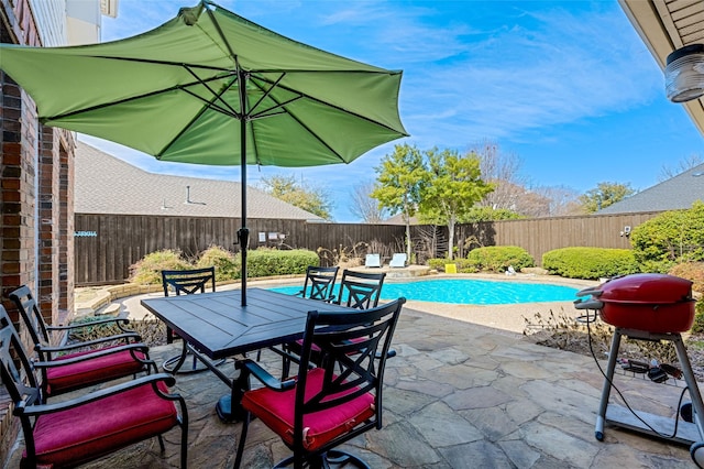 view of patio with a fenced in pool, a fenced backyard, and area for grilling