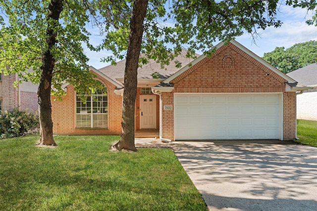 7632 Arbor Ridge Ct, Fort Worth, TX 76112 - view of front facade with driveway, an attached garage, brick siding, and a front lawn