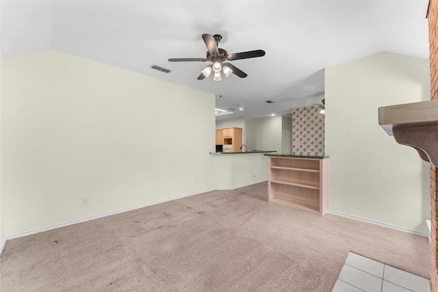 7632 Arbor Ridge Ct, Fort Worth, TX 76112 - unfurnished living room with a ceiling fan, lofted ceiling, light carpet, and baseboards