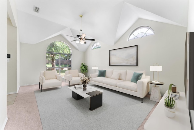 7632 Arbor Ridge Ct, Fort Worth, TX 76112 - carpeted living area with a ceiling fan, baseboards, and high vaulted ceiling