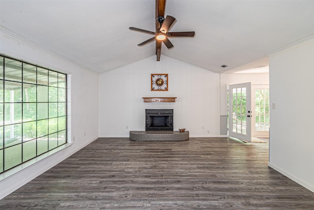 unfurnished living room with dark wood-style flooring, ceiling fan, a fireplace, baseboards, and vaulted ceiling with beams