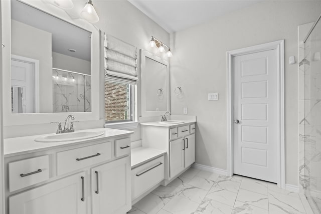 full bathroom with a sink, marble finish floor, two vanities, and a marble finish shower