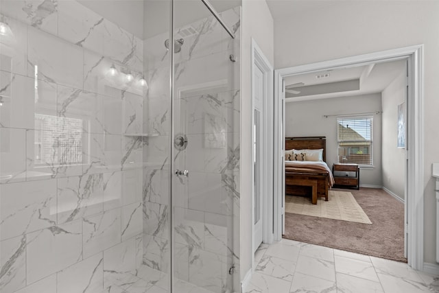 full bathroom featuring connected bathroom, visible vents, a marble finish shower, and marble finish floor
