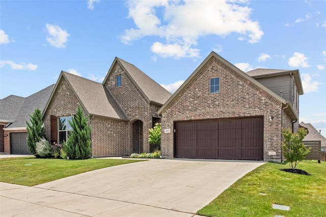 view of front of property with brick siding, a front lawn, and concrete driveway