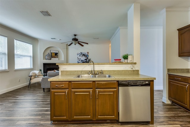 2416 Dogwood Dr, Little Elm, TX 75068 - kitchen featuring dishwasher, a sink, ceiling fan, crown molding, and open floor plan